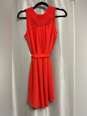Very J Coral Red Sleeveless Lattice Yoke Dress